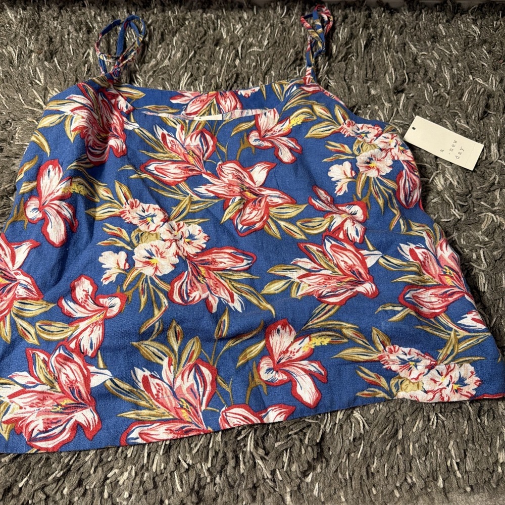 A New Day Tank Top Womens XL Blue Tropical Floral Scoop Neck Linen‎ Blend Cami